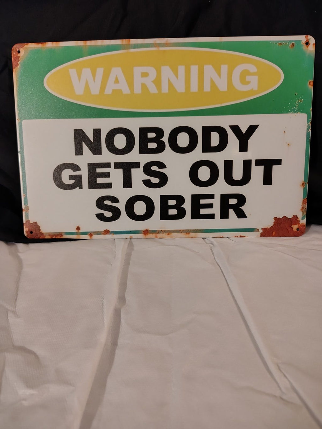 Warning: Nobody Gets Out Sober metal sign