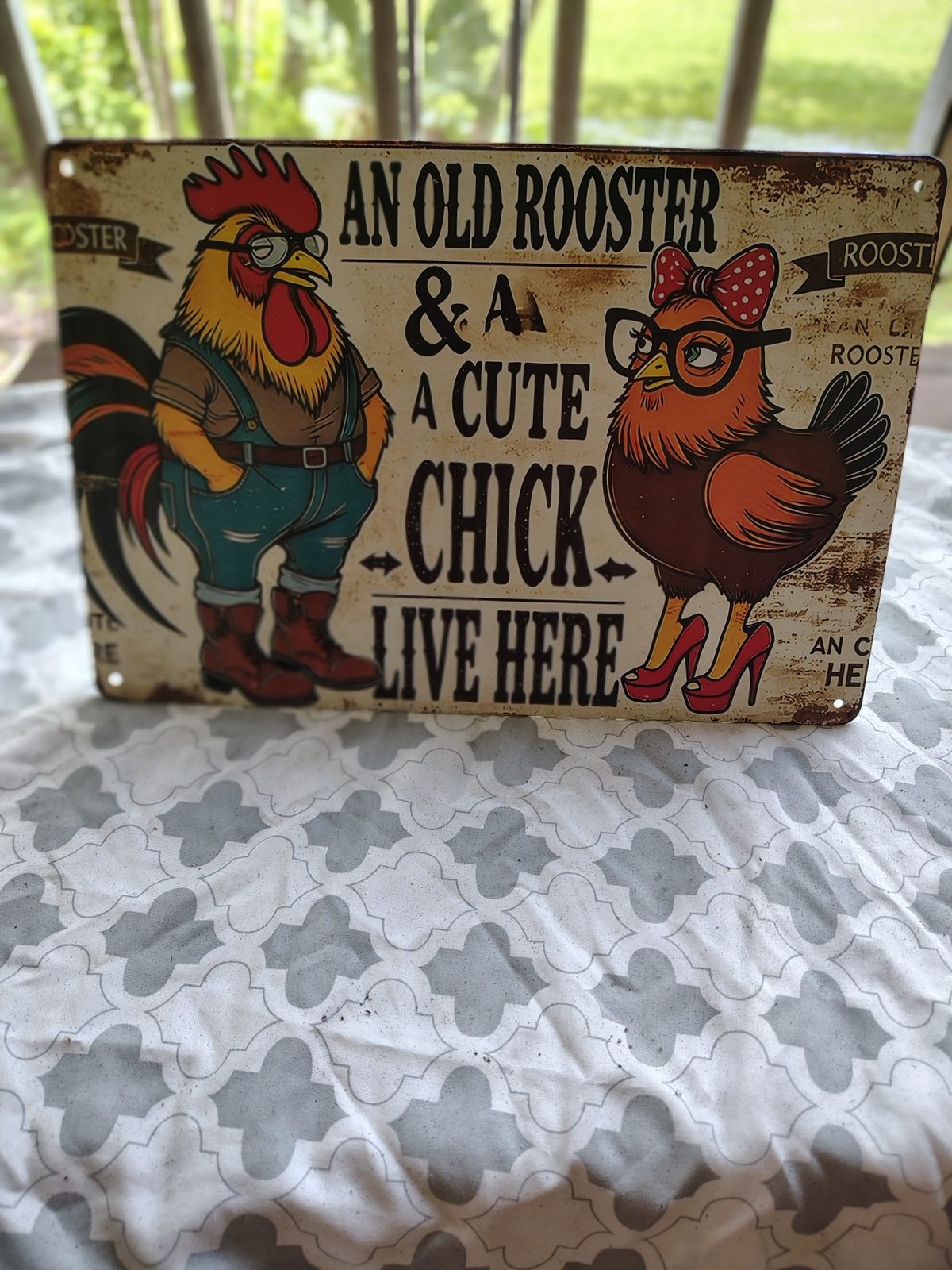 An Old Rooster & A Cute Chick Live Here metal sign