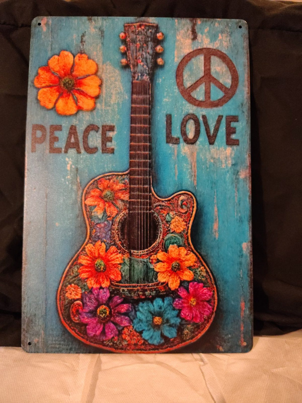 Peace & Love Floral Guitar metal sign