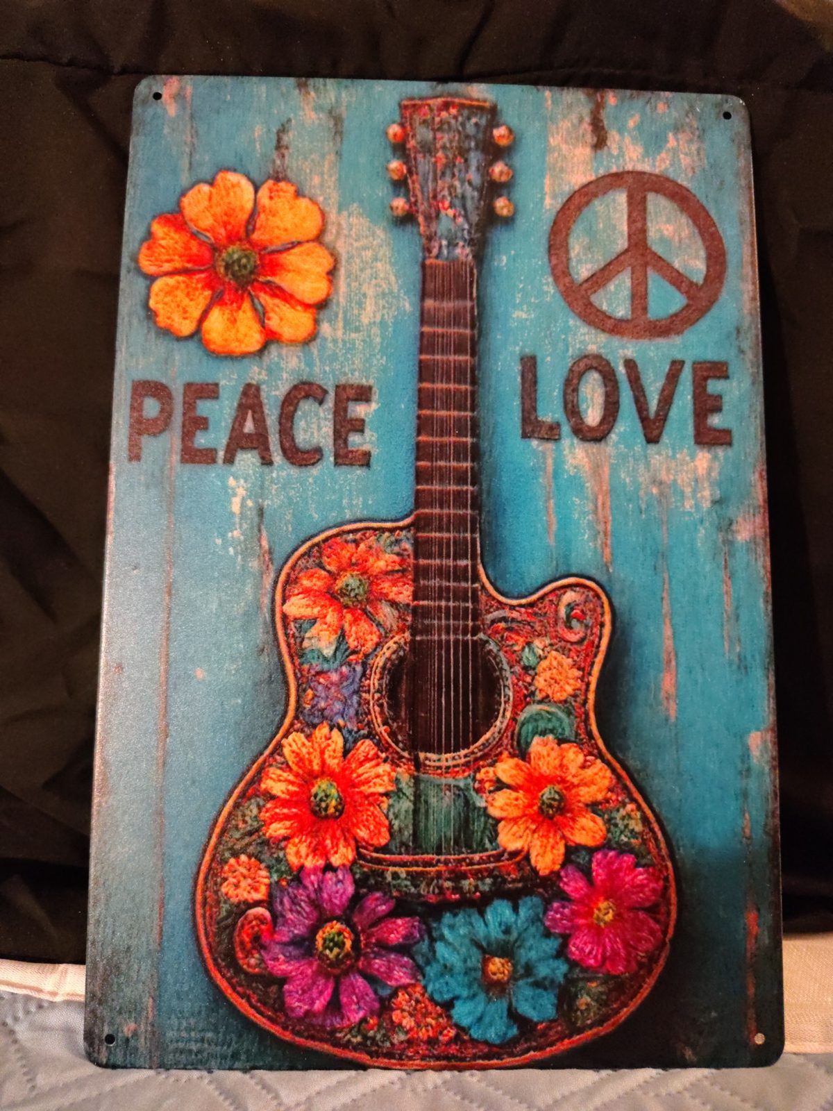 Peace & Love Floral Guitar metal sign