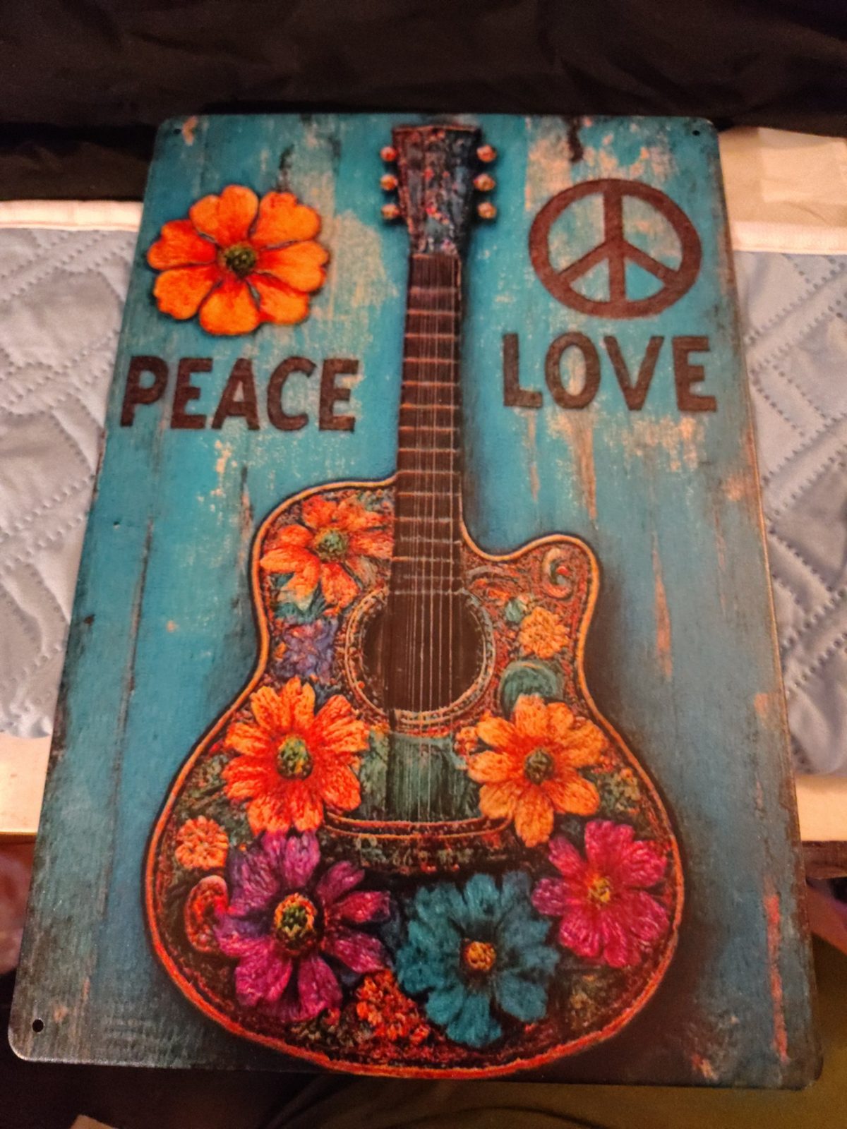 Peace & Love Floral Guitar metal sign
